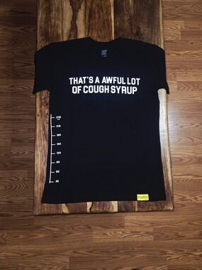 That's A Awful Lot Of Cough Syrup Men's Black "Measurements" Tee. Size Medium.